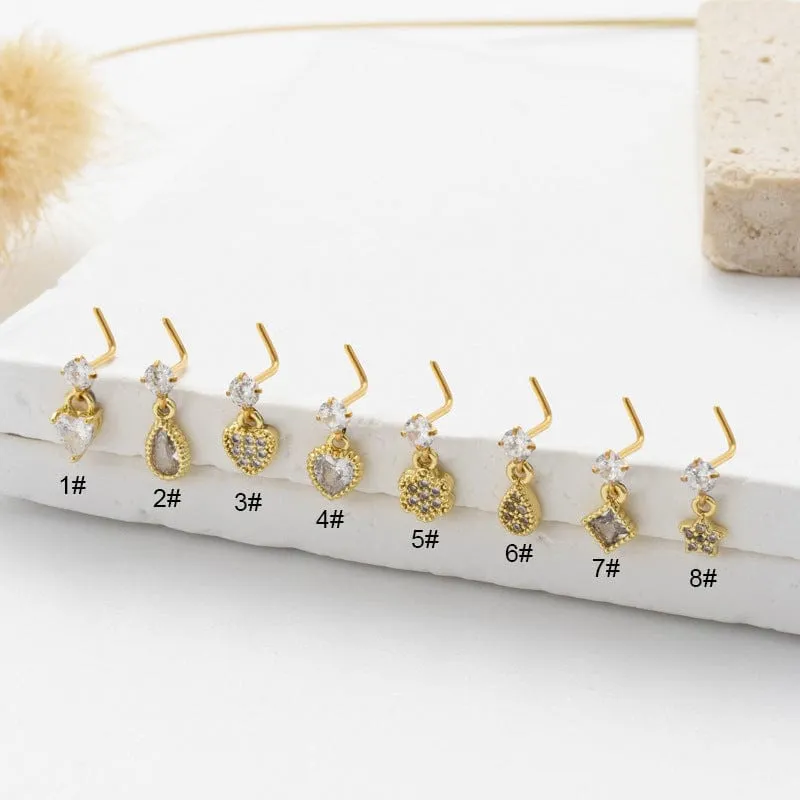 Classic CZ Inlaid Waterdrop Square Dangle Stainless Steel Nose Piercing Nose Stud