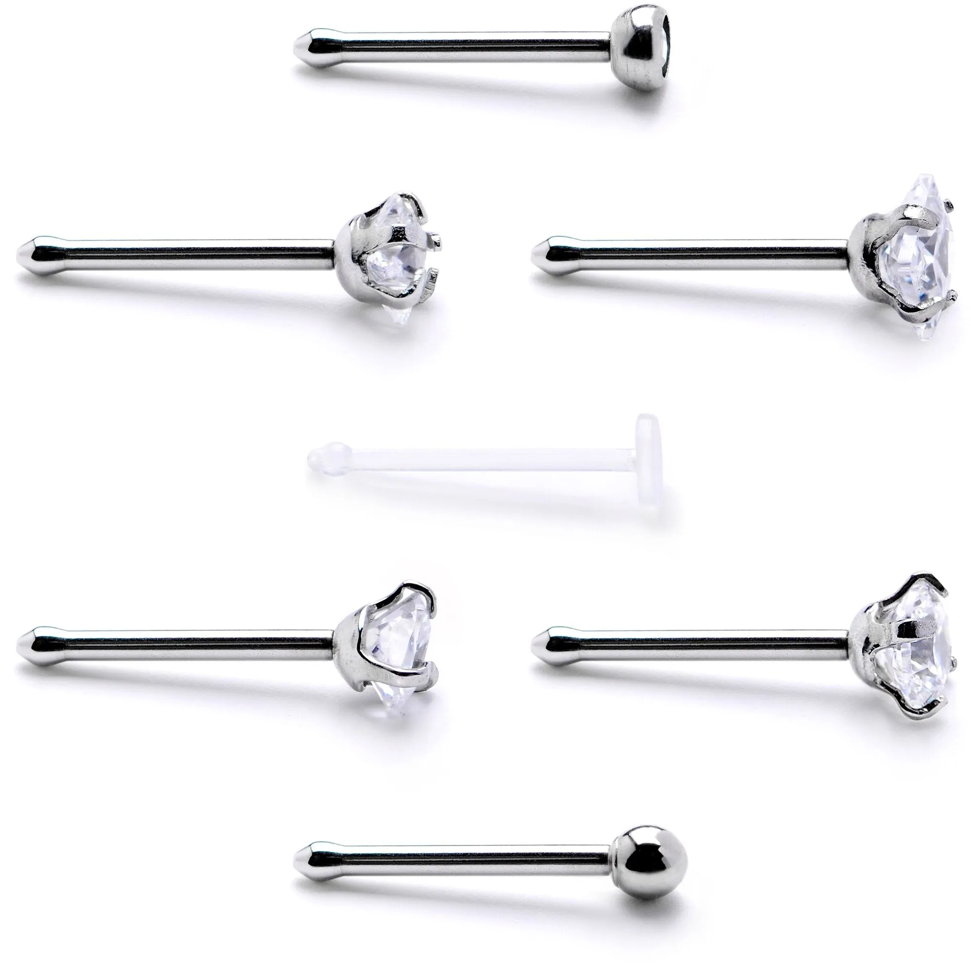 Clear CZ Gem Multi Shape 3mm Nose Bone 7 Pack Set
