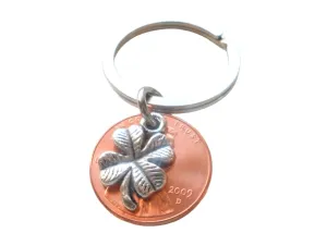 Clover Charm Layered Over 2009 Penny Keychain; 13 Year Anniversary Gift, Birthday Gift, Couples Keychain