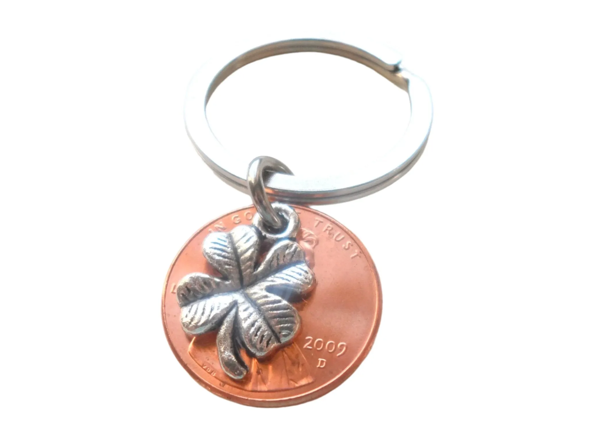 Clover Charm Layered Over 2009 Penny Keychain; 13 Year Anniversary Gift, Birthday Gift, Couples Keychain