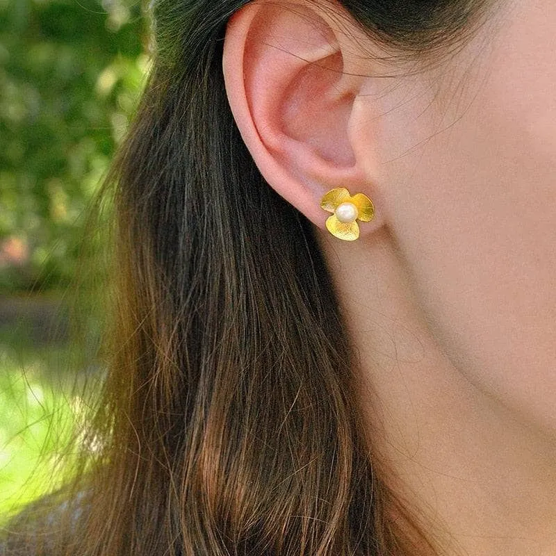 Clover Flower with Natural Pearl Stud Earrings