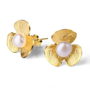 Clover Flower with Natural Pearl Stud Earrings
