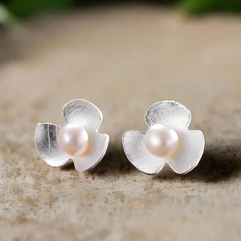 Clover Flower with Natural Pearl Stud Earrings