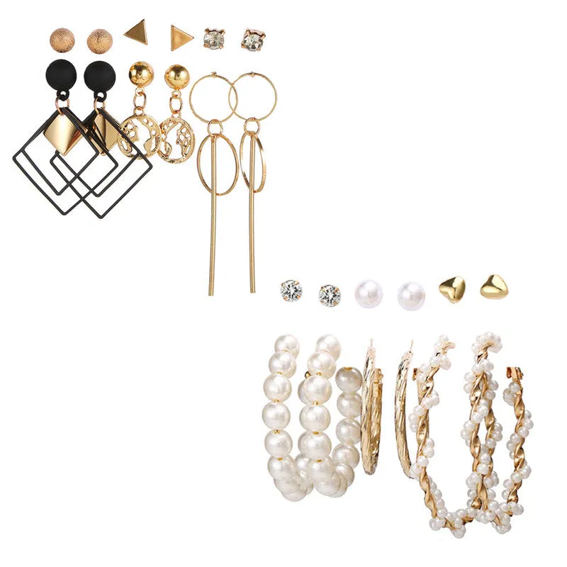 Combo of 12 Pair Pearl Crystal Heart Studs and Hoop Earrings