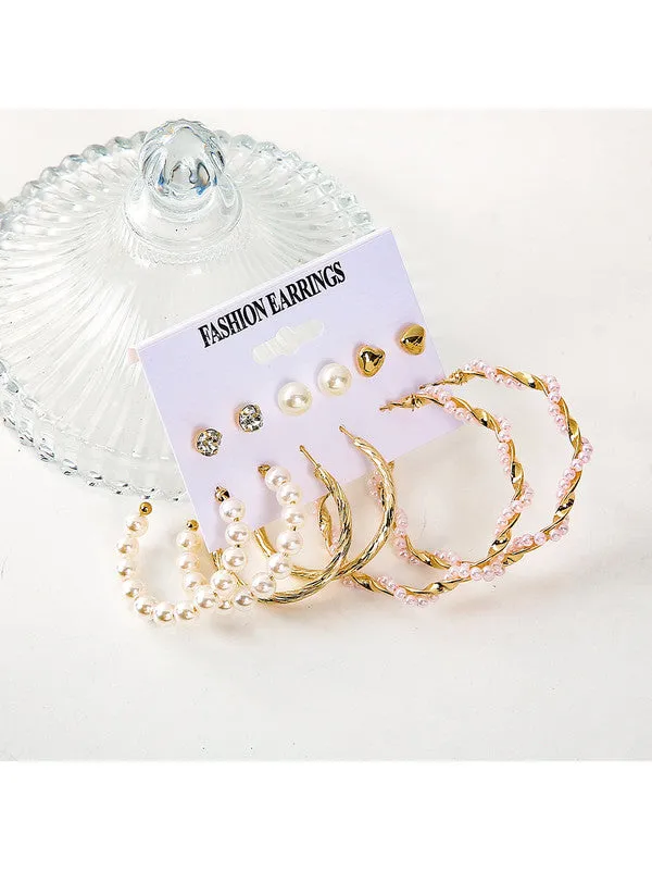 Combo of 12 Pair Pearl Crystal Heart Studs and Hoop Earrings