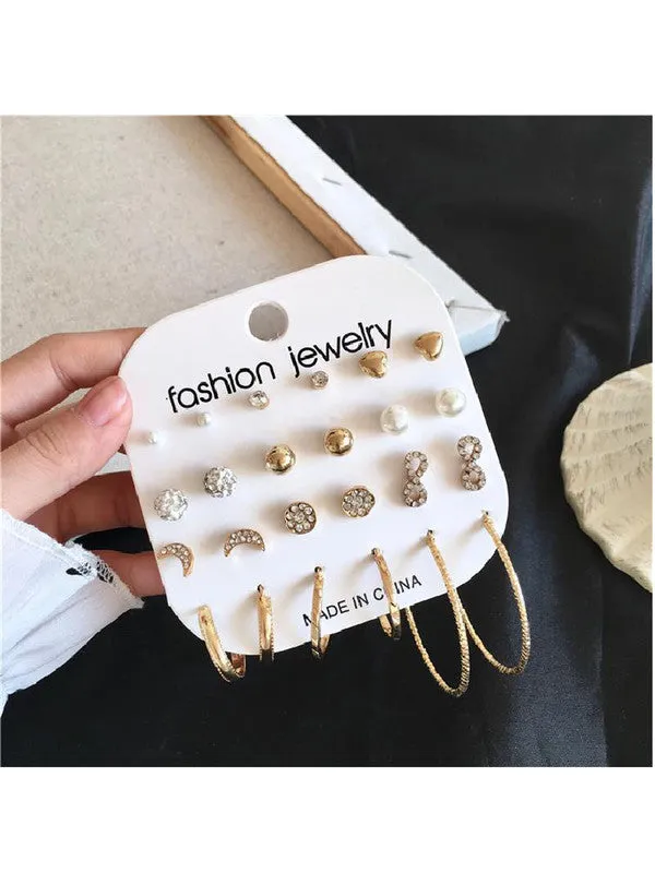 Combo of 17 Pair Pearl Stone Studs and Hoop Earrings