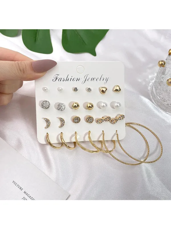Combo of 17 Pair Pearl Stone Studs and Hoop Earrings