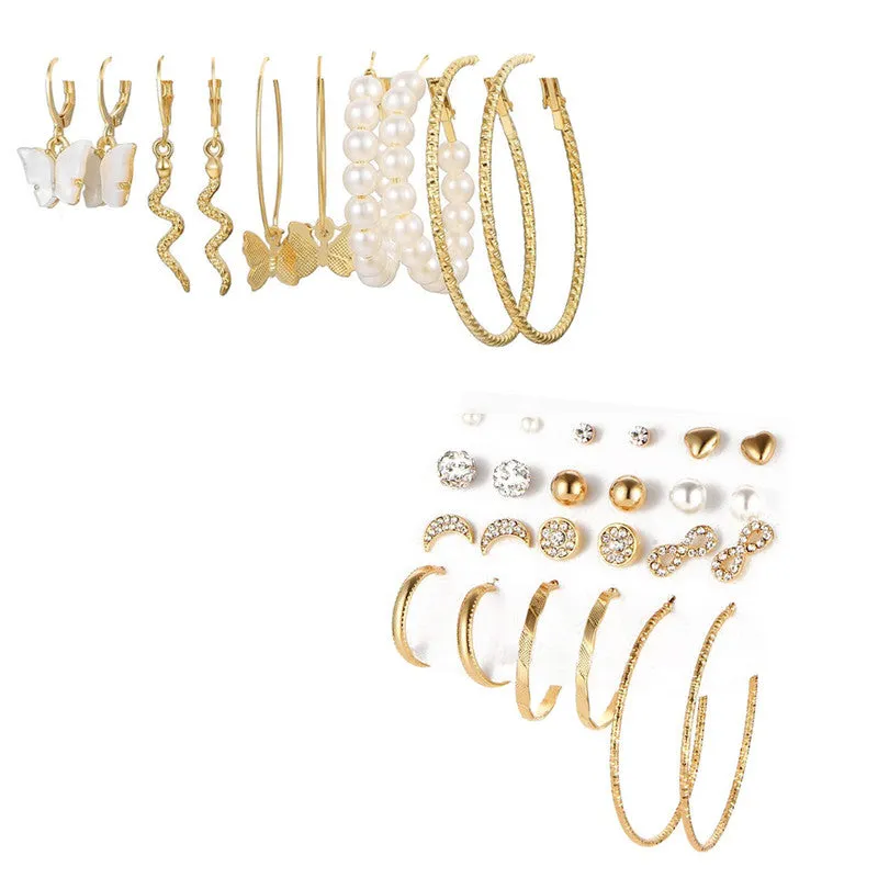 Combo of 17 Pair Pearl Stone Studs and Hoop Earrings