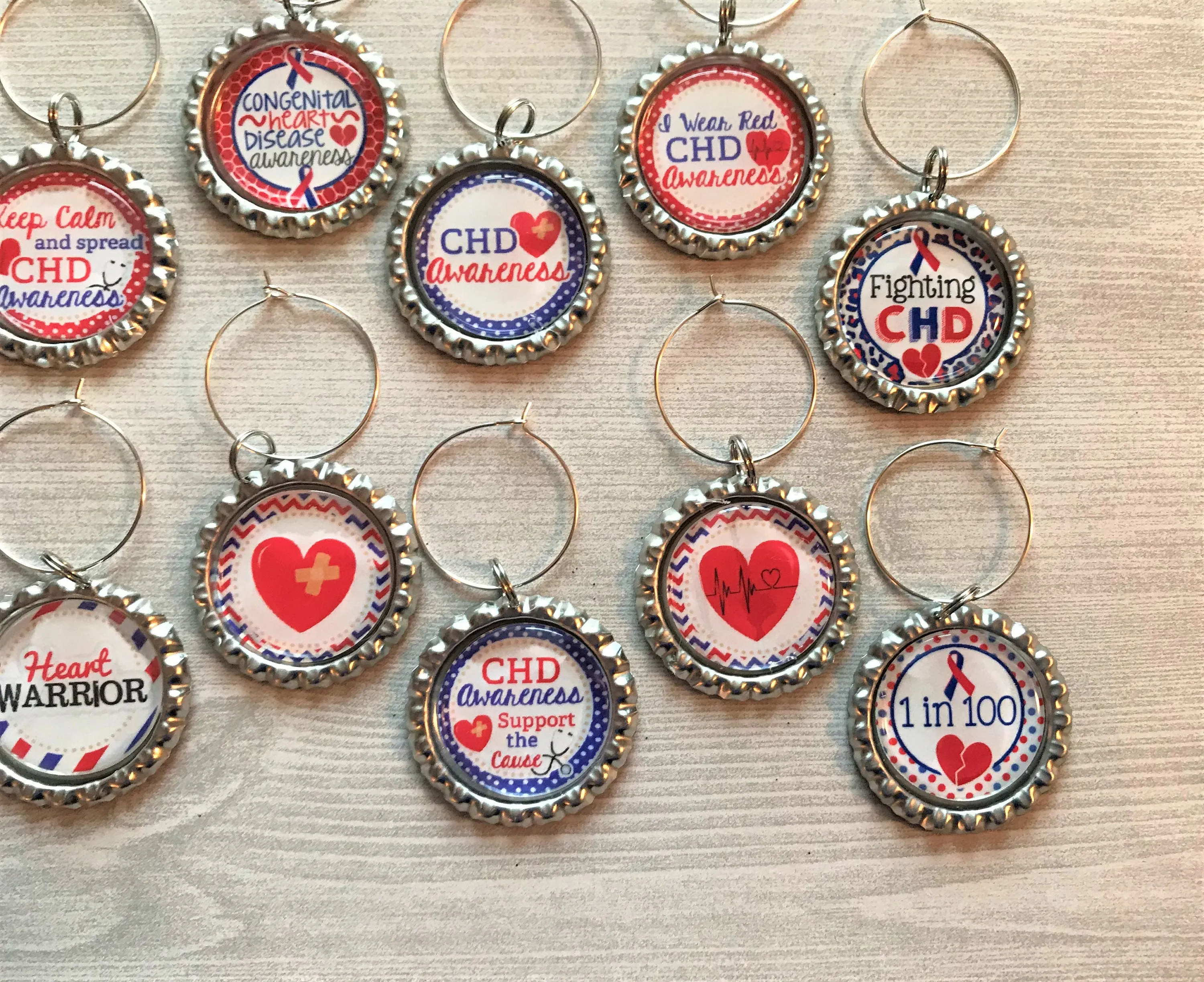 Congenital Heart Disease Wine Charms, Set of 10