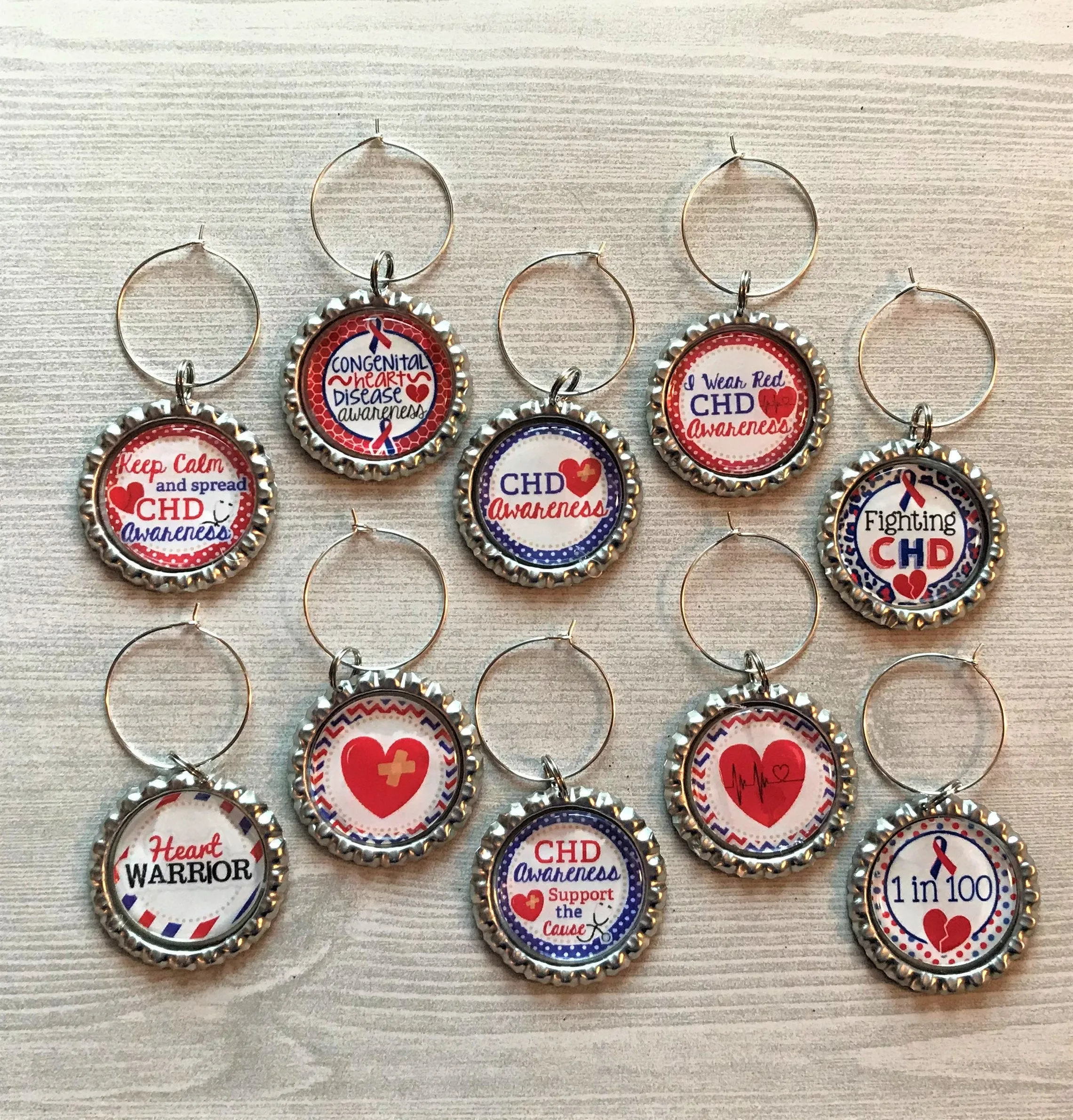 Congenital Heart Disease Wine Charms, Set of 10