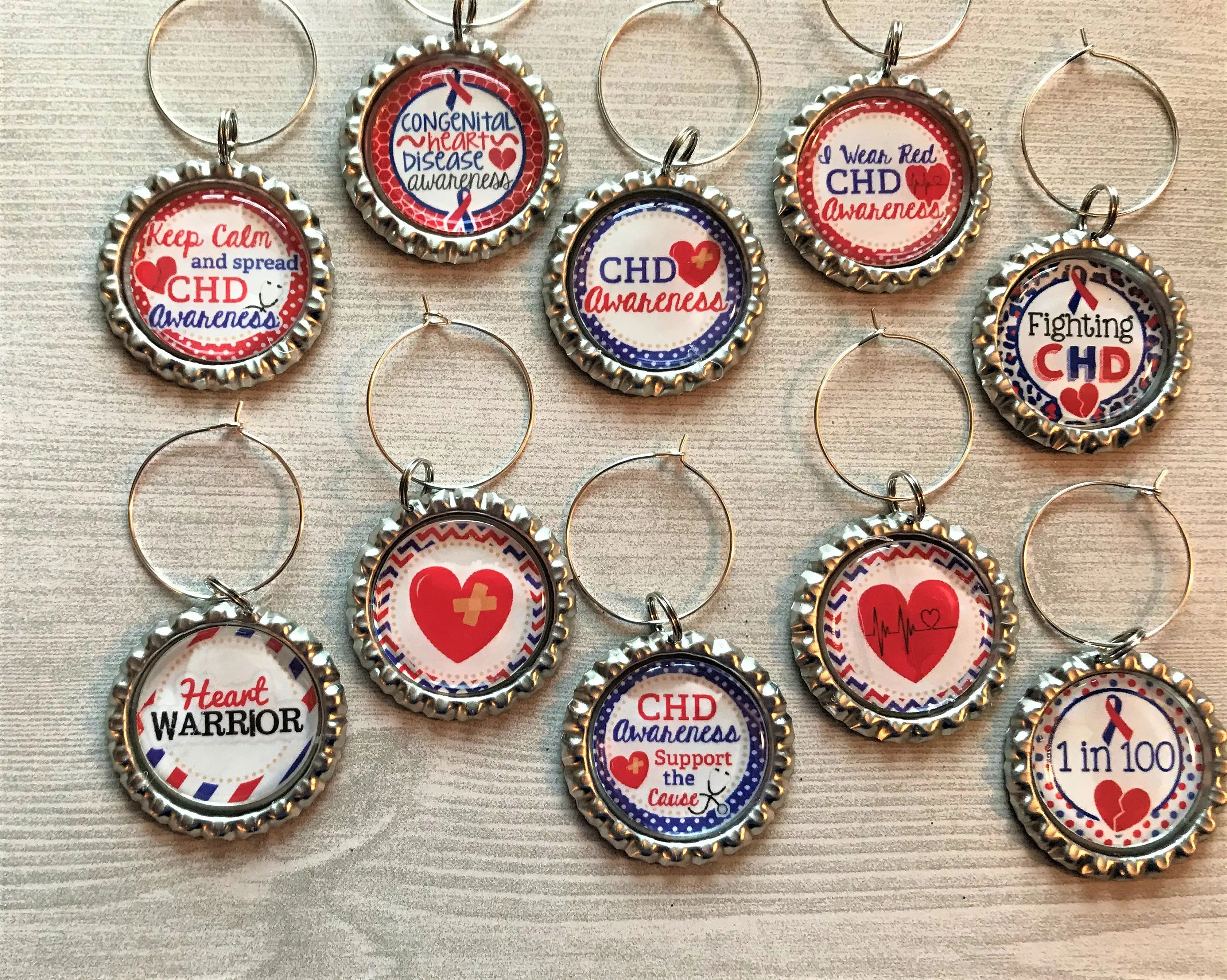 Congenital Heart Disease Wine Charms, Set of 10