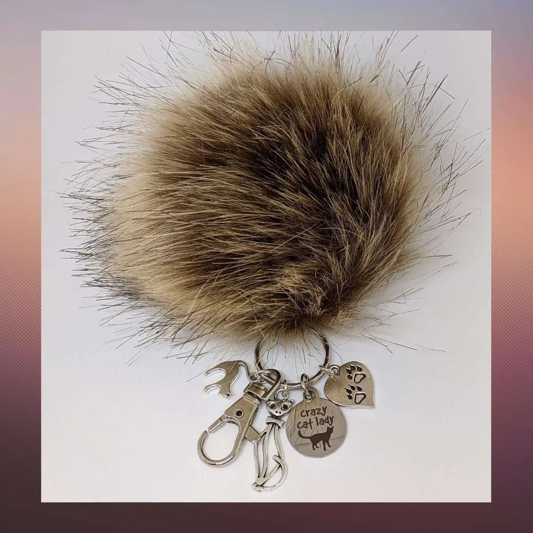 Crazy Cat Lady keychain/Pom Pom Charm Key Chain/Pom Pom Keychain-Purse Charm/Journal Charm