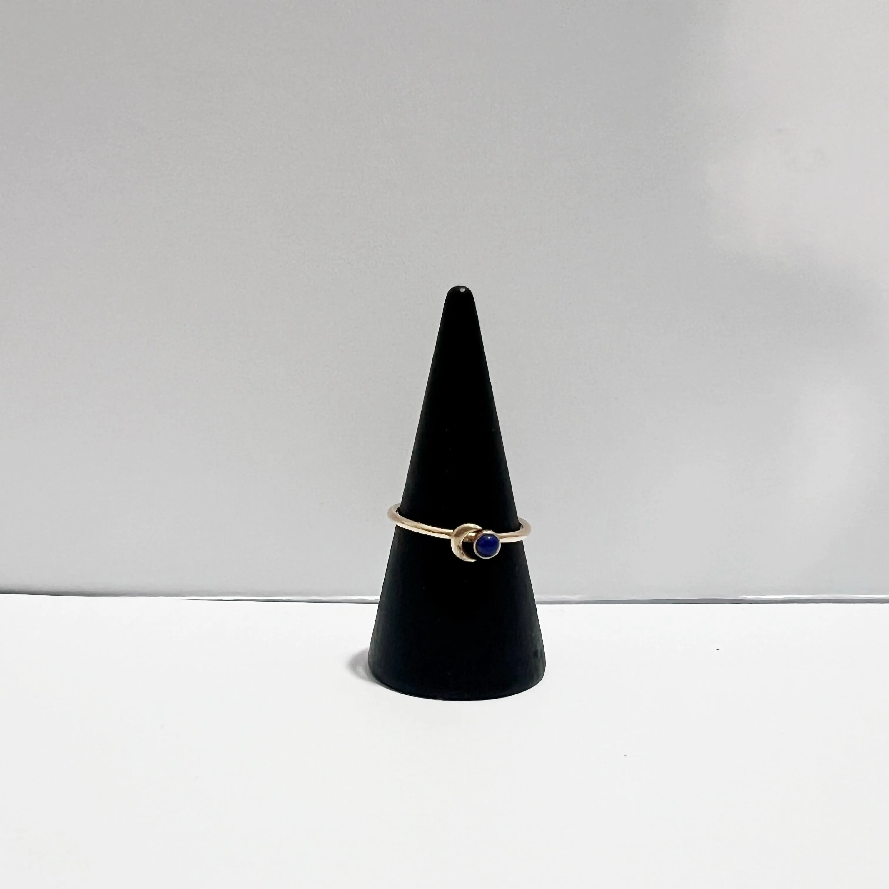 Crescent Moon and Lapis Stacking Ring in 14k Yellow Gold / Sz 6