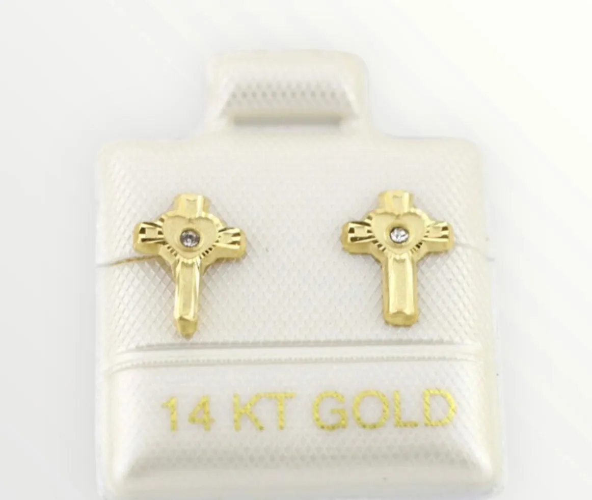 Cross and Heart with CZ Stud Earrings, Gold Cross 14k