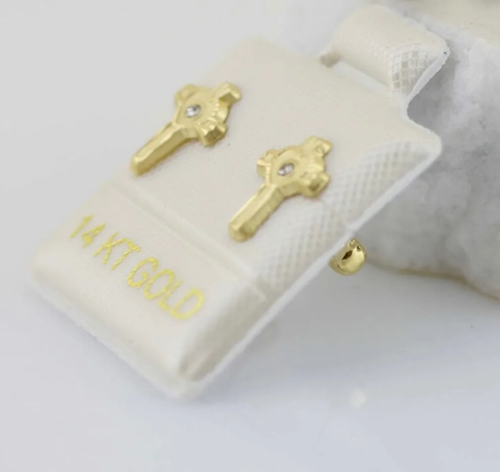 Cross and Heart with CZ Stud Earrings, Gold Cross 14k