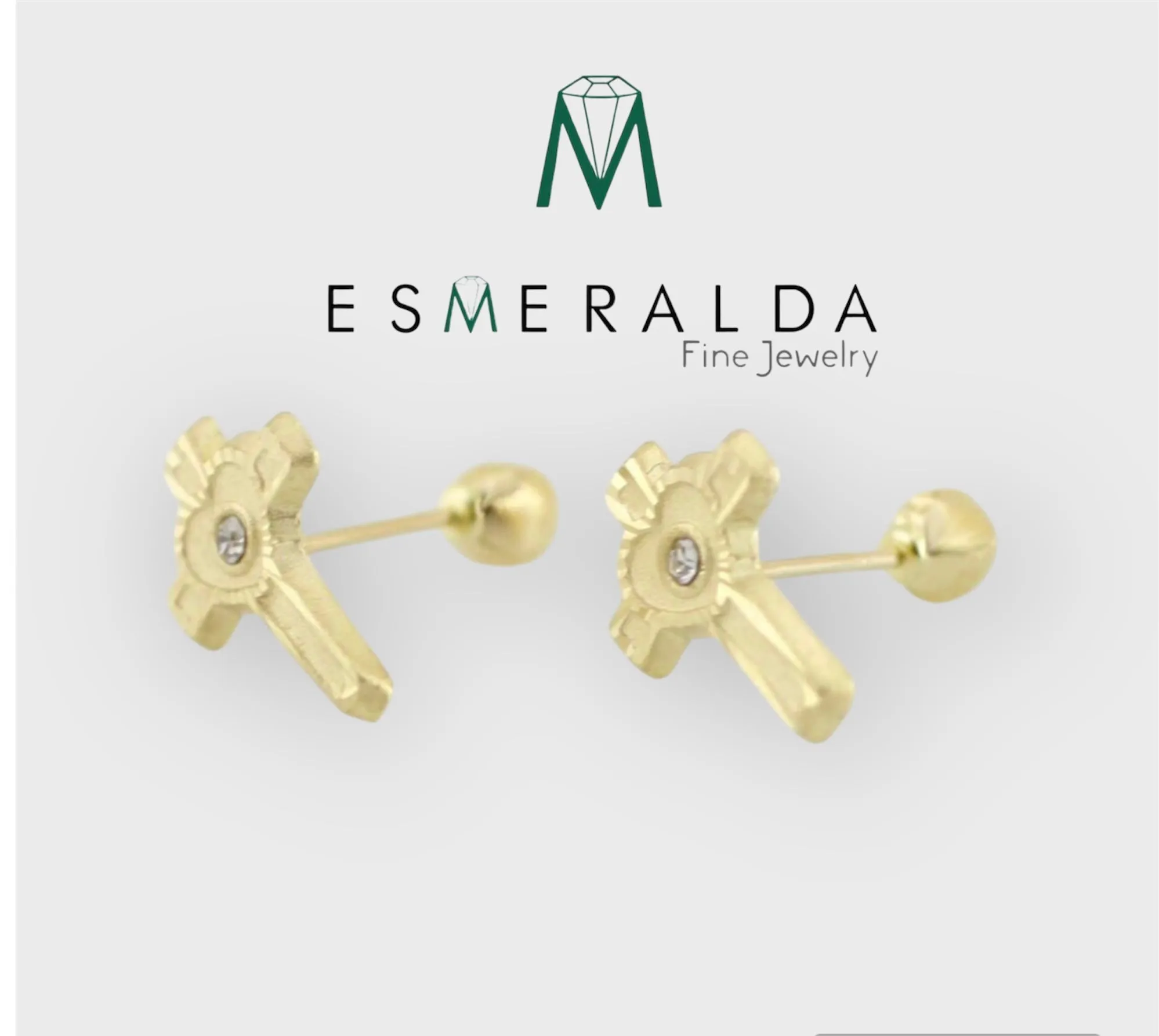 Cross and Heart with CZ Stud Earrings, Gold Cross 14k