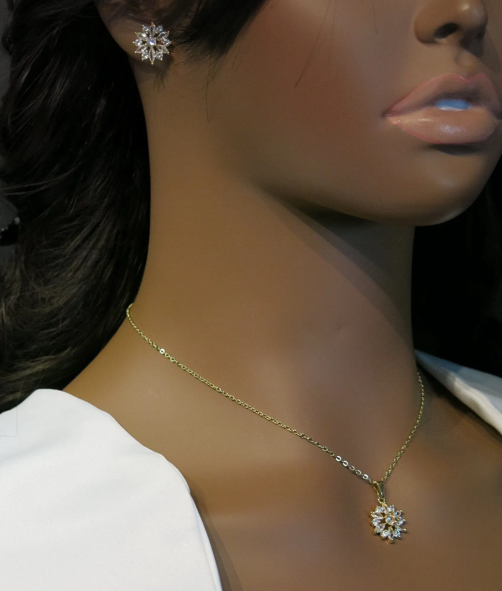 Crystal Flower Necklace and Earrings 3 PC Jewelry Set, Minimalist Floral Gold Chain Necklace and Ear Studs, Bridesmaid Crystal Jewelry