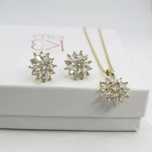 Crystal Flower Necklace and Earrings 3 PC Jewelry Set, Minimalist Floral Gold Chain Necklace and Ear Studs, Bridesmaid Crystal Jewelry