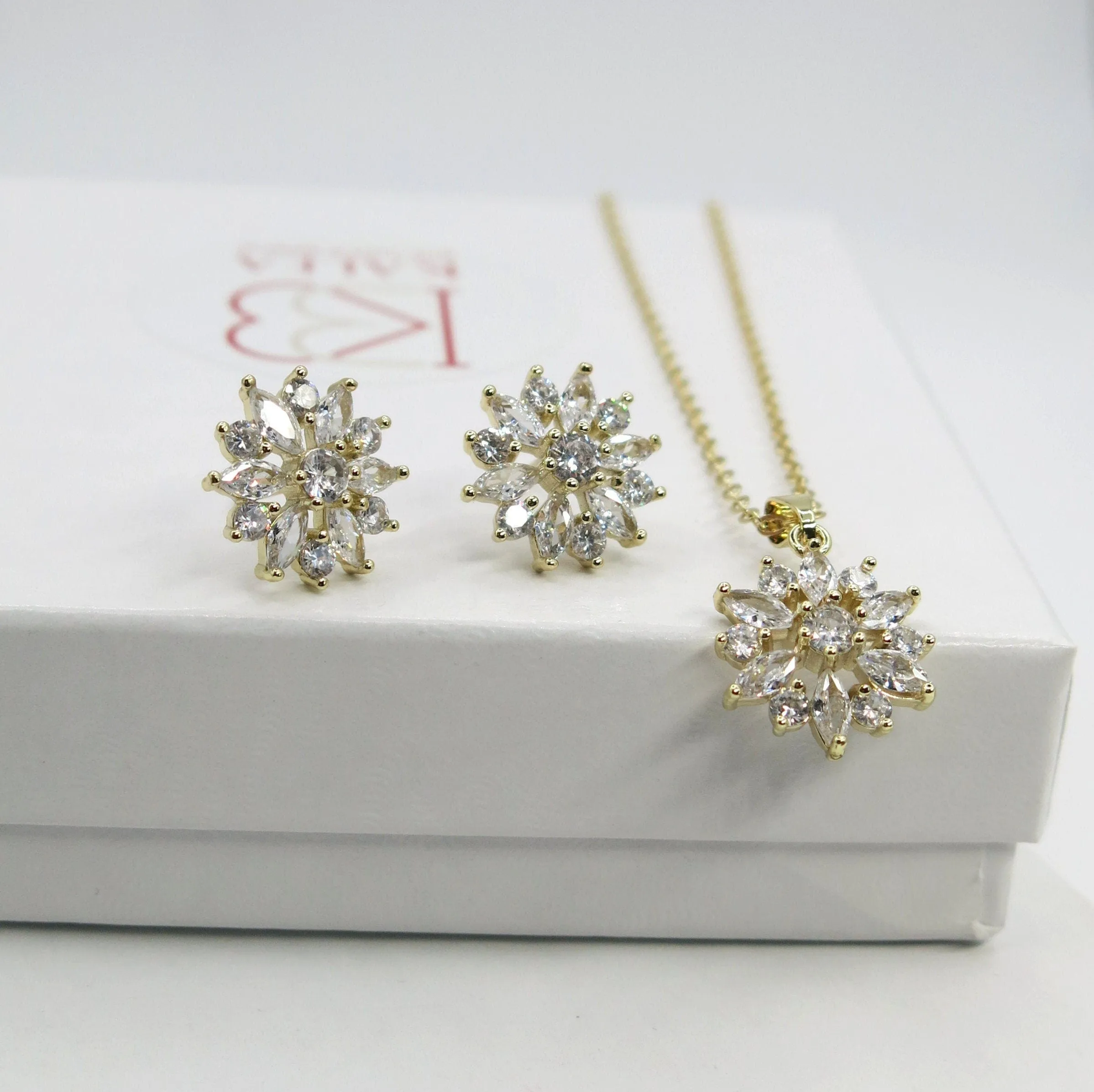 Crystal Flower Necklace and Earrings 3 PC Jewelry Set, Minimalist Floral Gold Chain Necklace and Ear Studs, Bridesmaid Crystal Jewelry