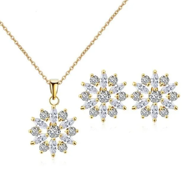 Crystal Flower Necklace and Earrings 3 PC Jewelry Set, Minimalist Floral Gold Chain Necklace and Ear Studs, Bridesmaid Crystal Jewelry