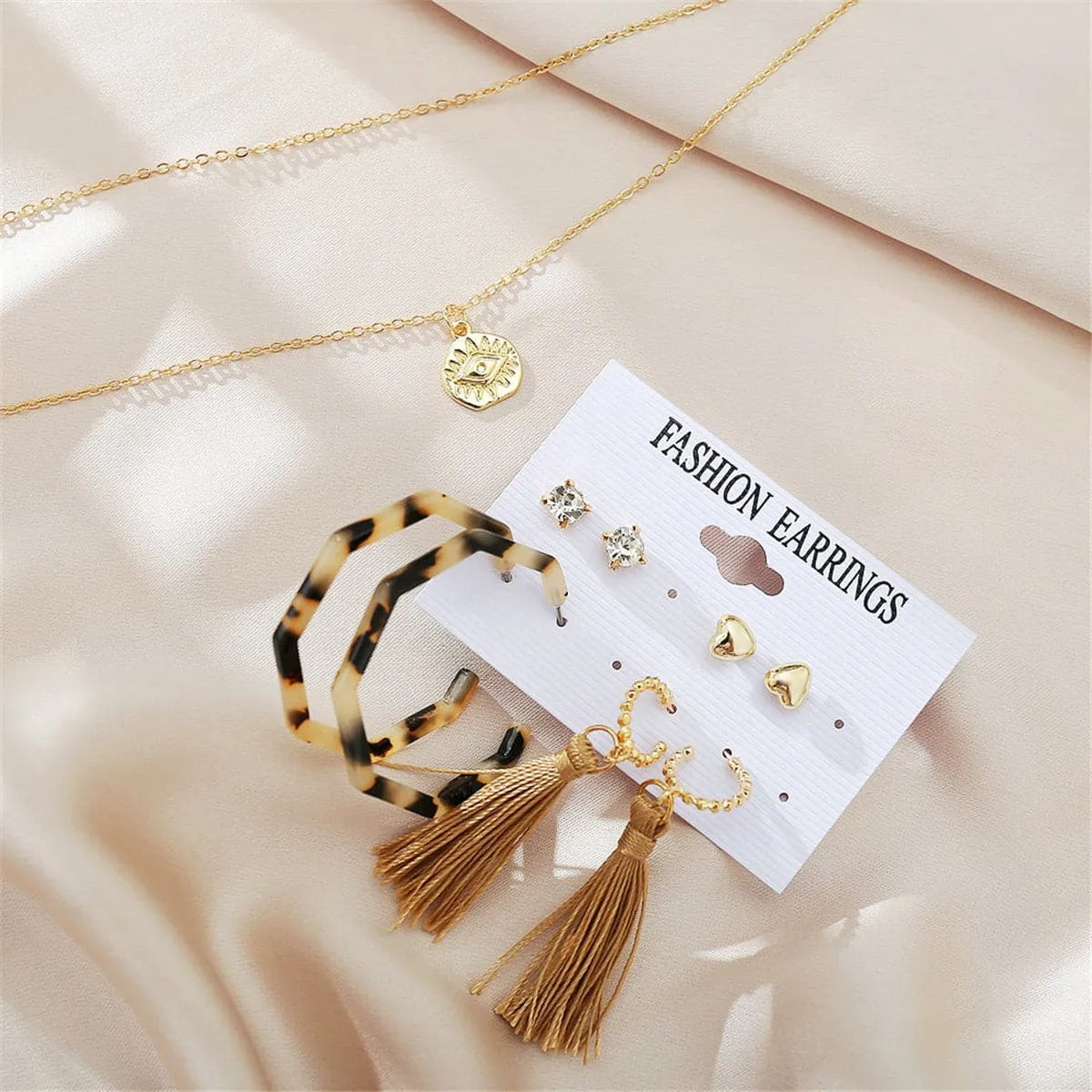 Cubic Zirconia & 18K Gold-Plated Earrings & Layered Pendant Necklace Set
