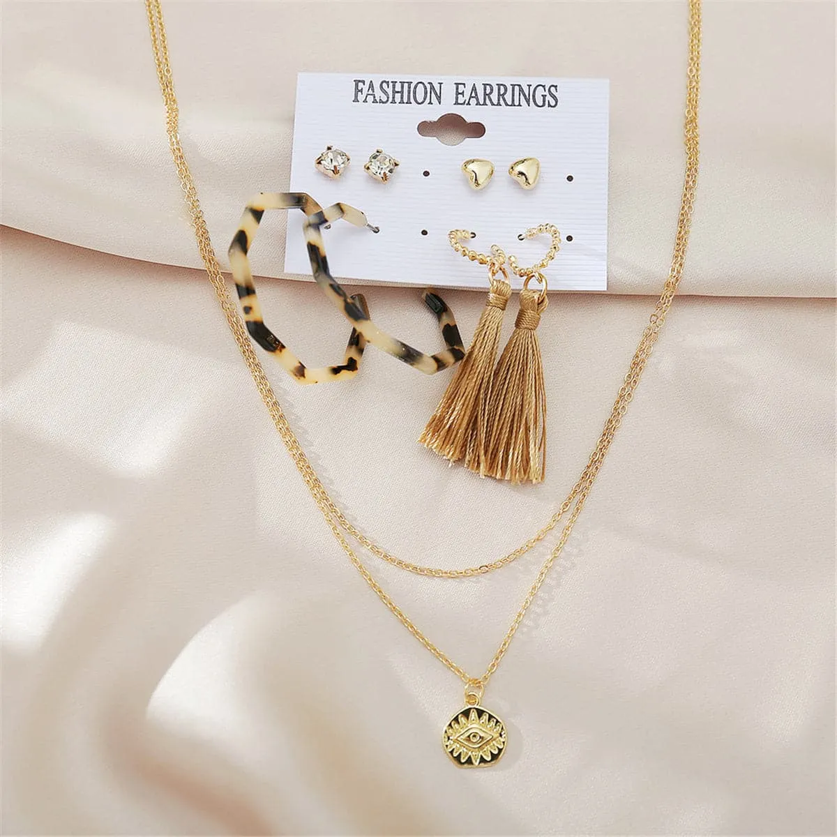Cubic Zirconia & 18K Gold-Plated Earrings & Layered Pendant Necklace Set