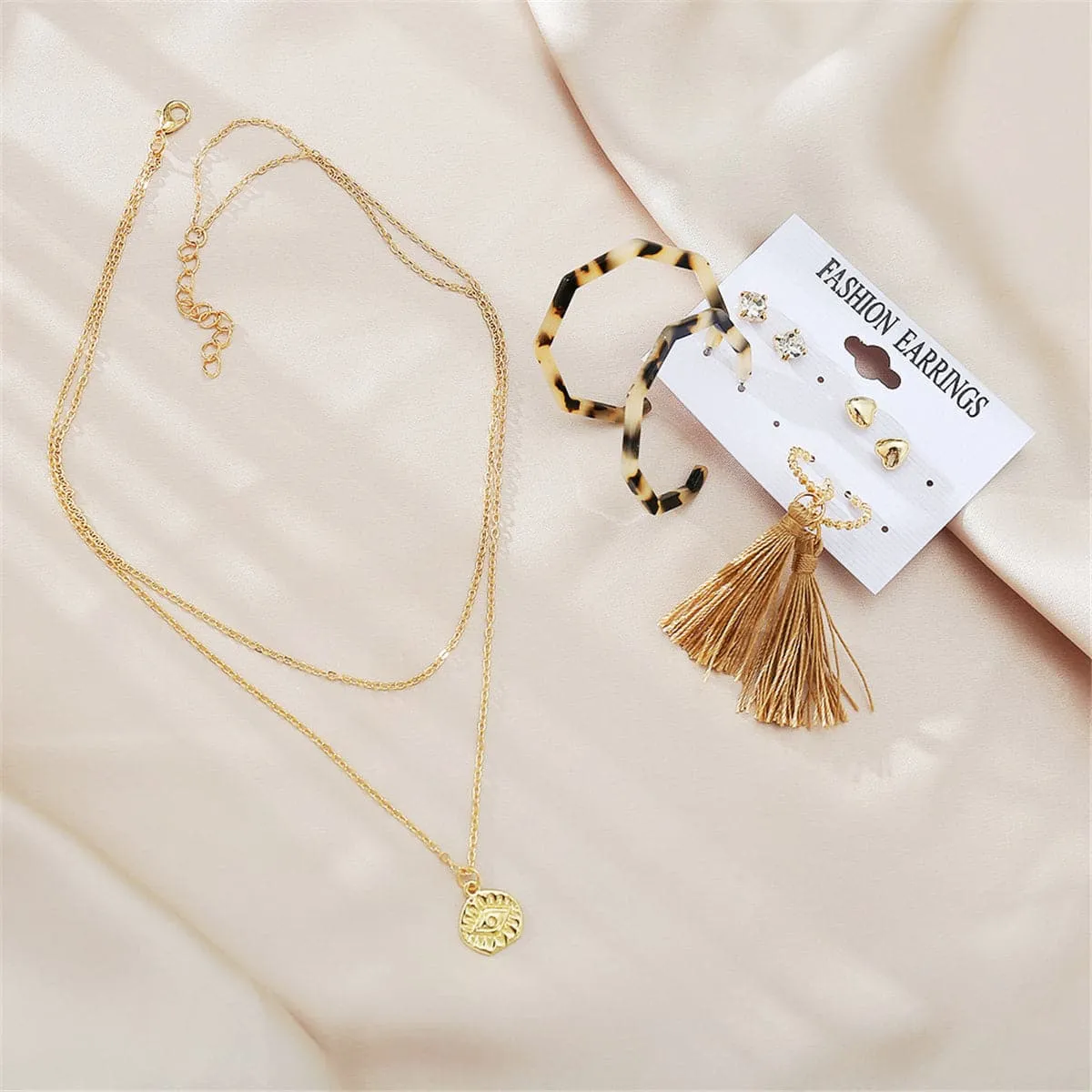 Cubic Zirconia & 18K Gold-Plated Earrings & Layered Pendant Necklace Set