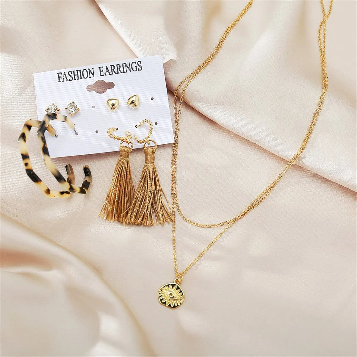 Cubic Zirconia & 18K Gold-Plated Earrings & Layered Pendant Necklace Set