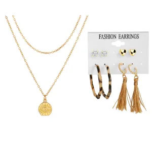 Cubic Zirconia & 18K Gold-Plated Earrings & Layered Pendant Necklace Set