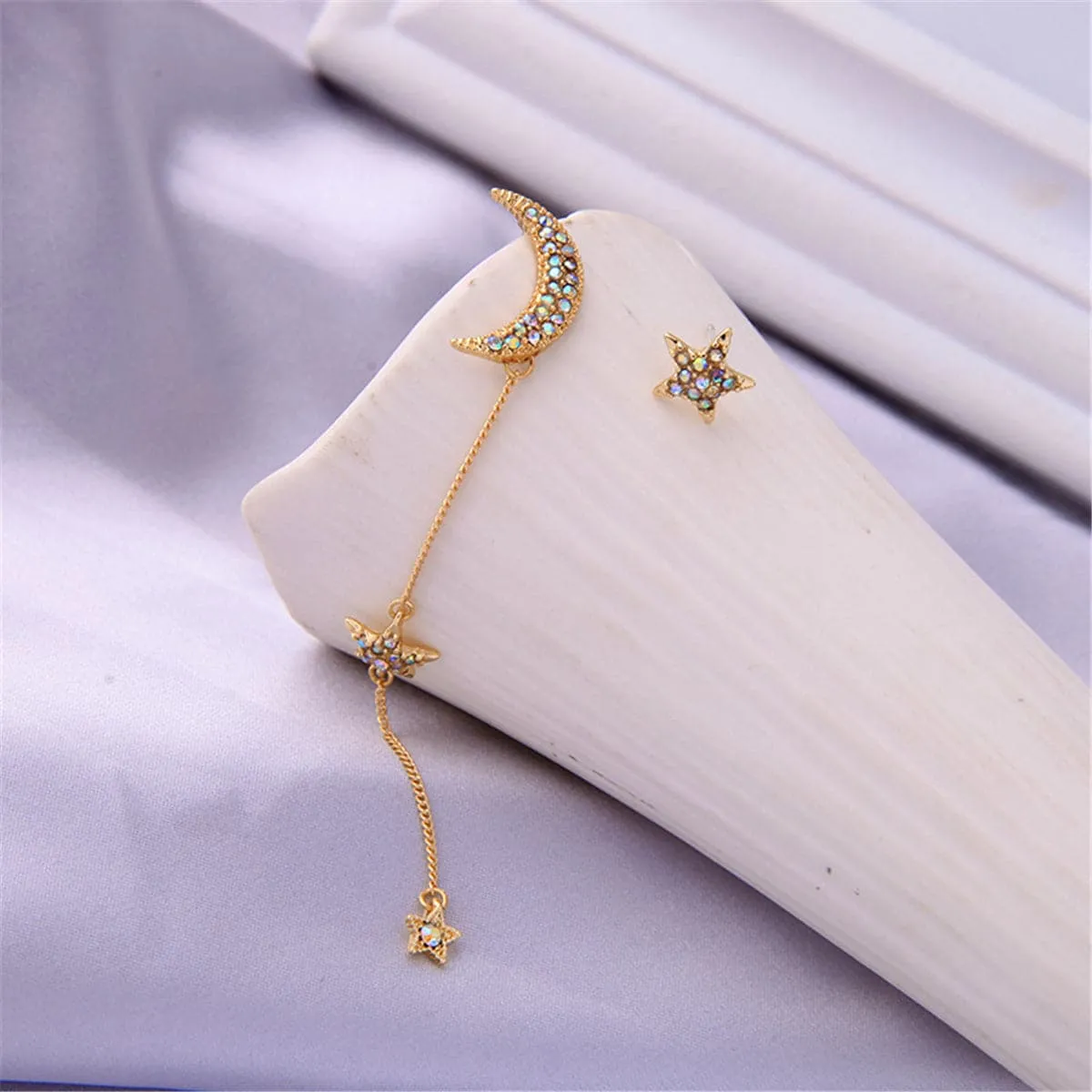 Cubic Zirconia & 18K Gold-Plated Stud Earring & Moon Drop Earring