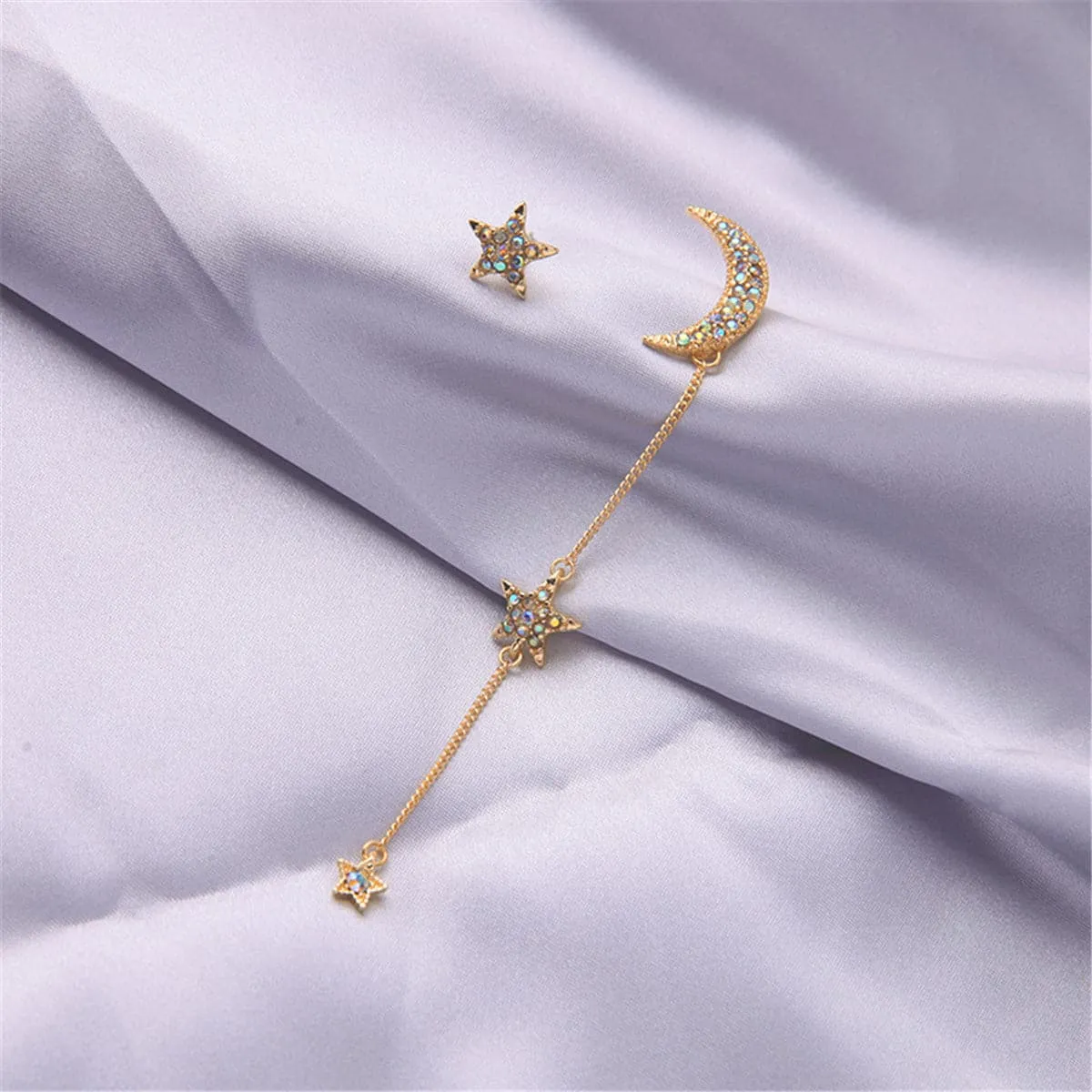 Cubic Zirconia & 18K Gold-Plated Stud Earring & Moon Drop Earring