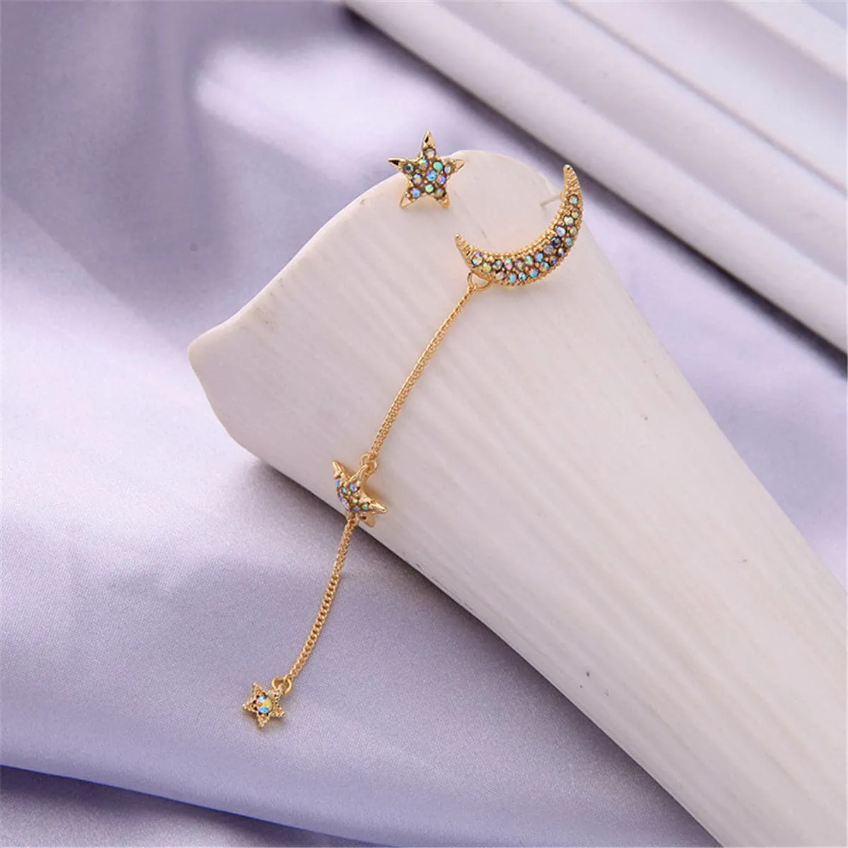 Cubic Zirconia & 18K Gold-Plated Stud Earring & Moon Drop Earring