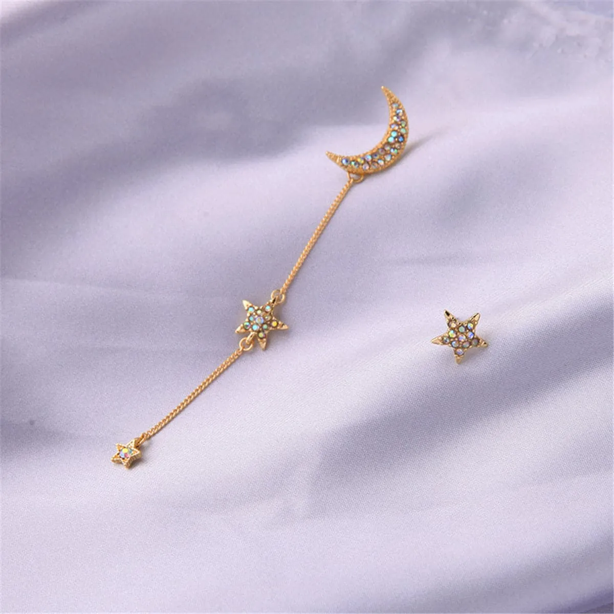Cubic Zirconia & 18K Gold-Plated Stud Earring & Moon Drop Earring