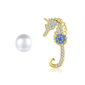 Cubic Zirconia & Pearl 18K Gold-Plated Seahorse Mismatched Stud Earrings