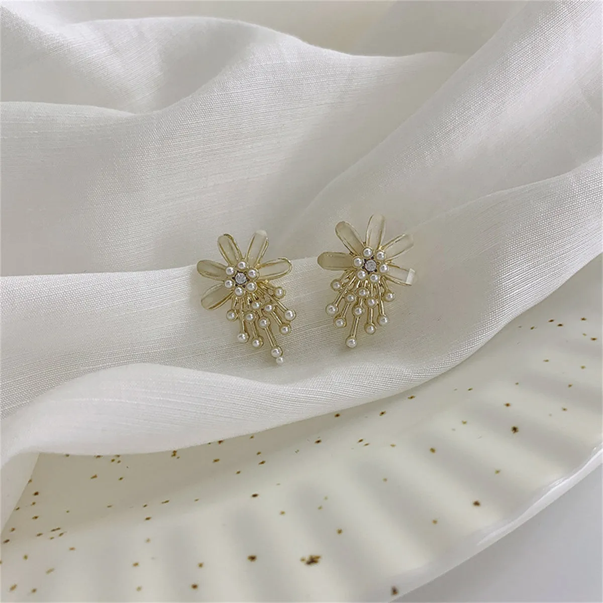 Cubic Zirconia & Pearl Flower Stud Earrings