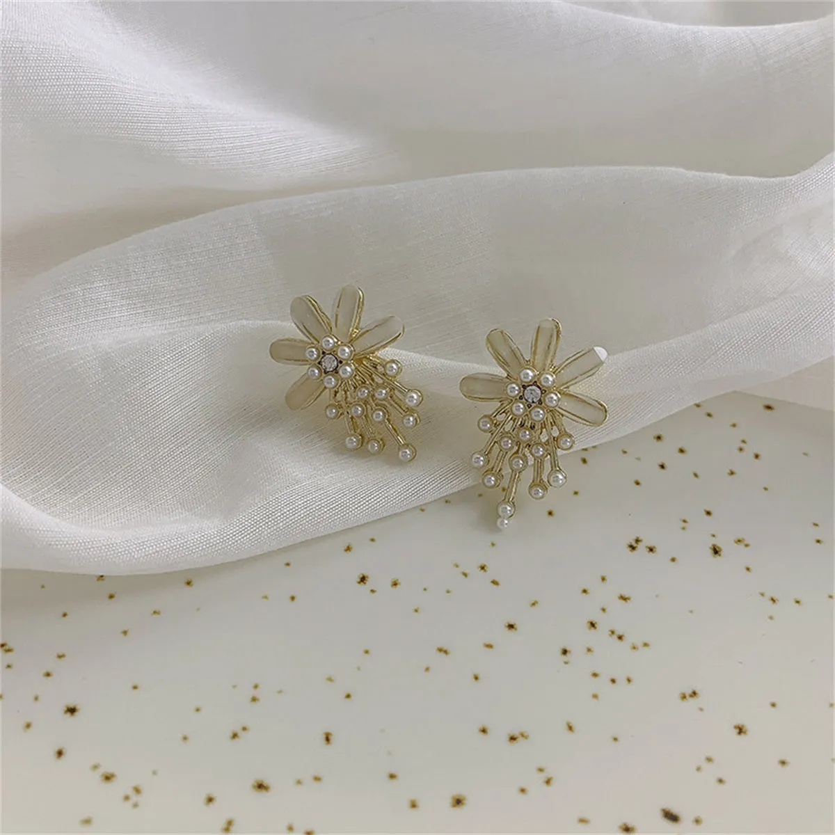Cubic Zirconia & Pearl Flower Stud Earrings