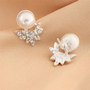 Cubic Zirconia & Pearl Silver-Plated Round Leaf Stud Earrings