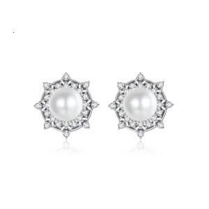 Cubic Zirconia & Pearl Silver-Plated Round Stud Earrings