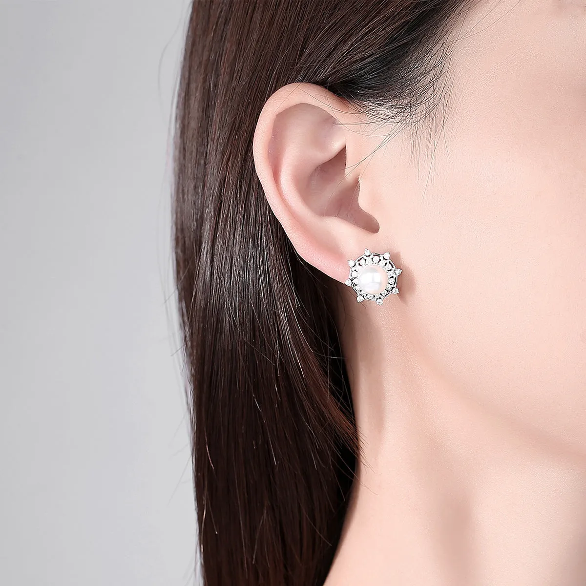 Cubic Zirconia & Pearl Silver-Plated Round Stud Earrings