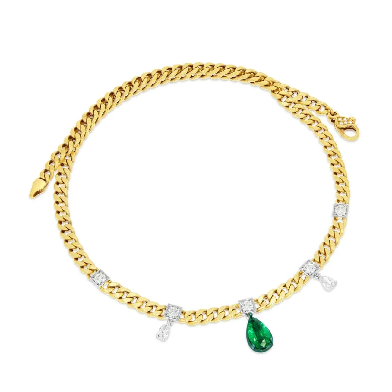 Curb Link 18K Yellow Gold Diamonds and Emerald Chain Necklace