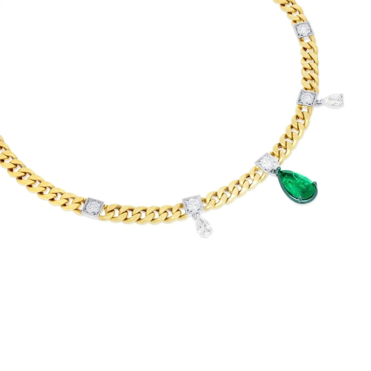 Curb Link 18K Yellow Gold Diamonds and Emerald Chain Necklace