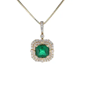 Cushion Emerald And Double Halo Diamond Pendant In 14Kt Yellow Gold