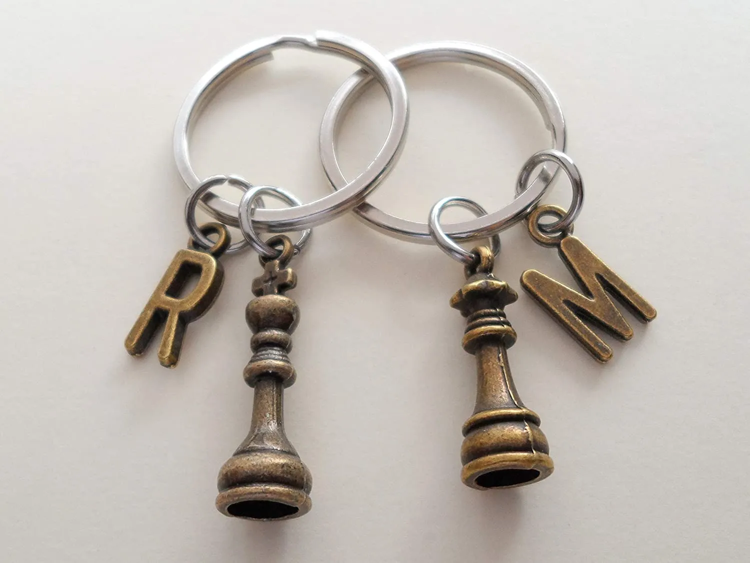 Custom Bronze Small King & Queen Chess Charm Keychains with Letter Charms, Anniversary Keychains