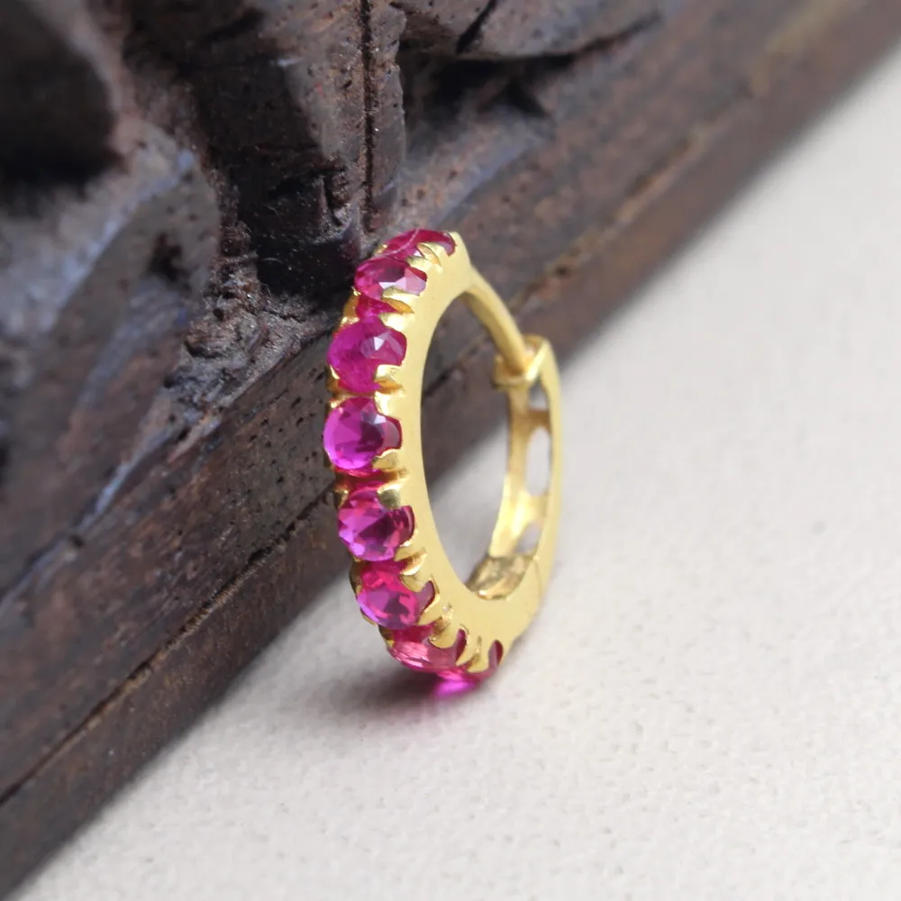Cute 14k Yellow Gold Pink CZ Indian Style Women Nose Hinged Hoop Ring 20g