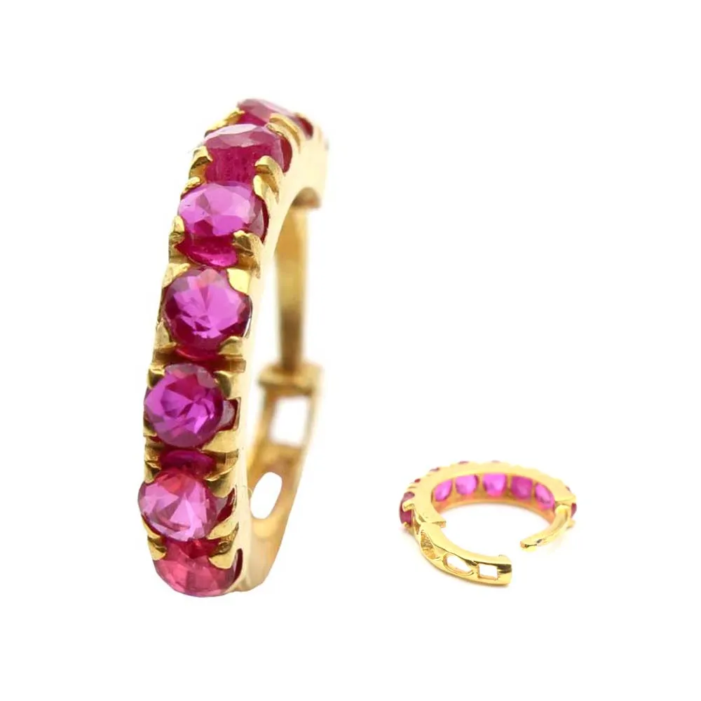 Cute 14k Yellow Gold Pink CZ Indian Style Women Nose Hinged Hoop Ring 20g