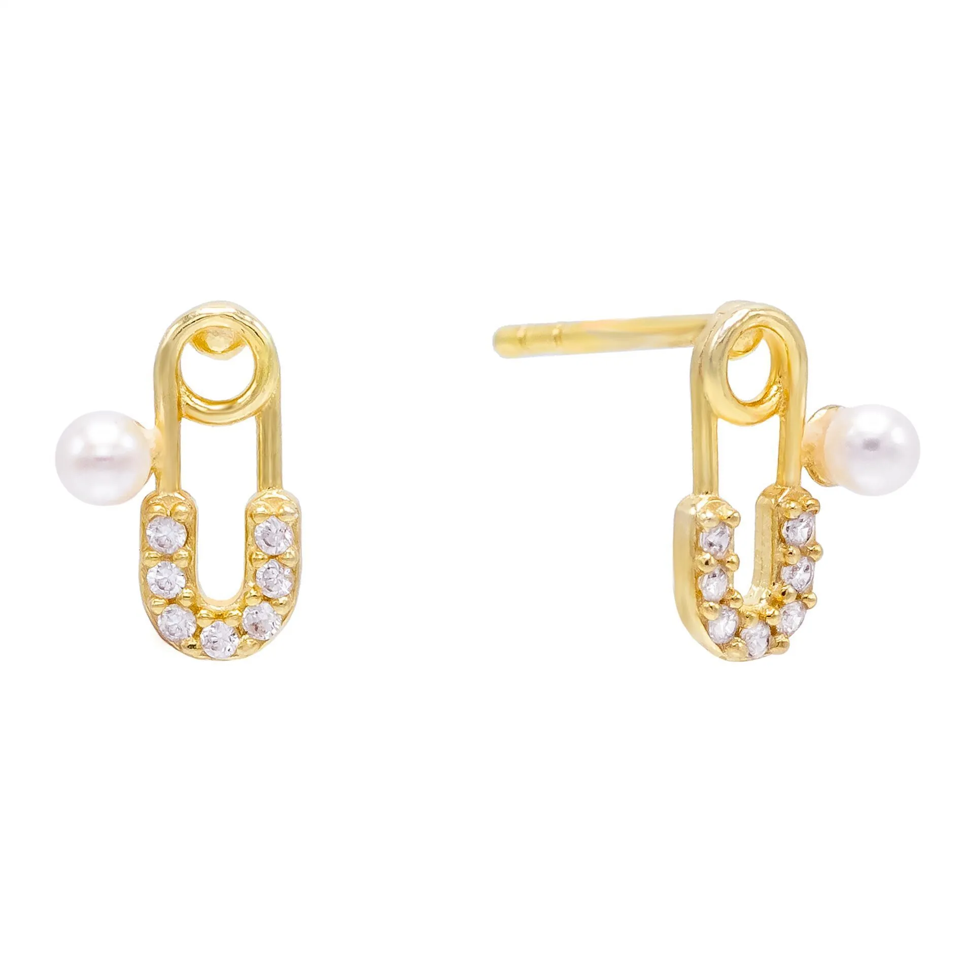 CZ Pearl Safety Pin Stud Earring