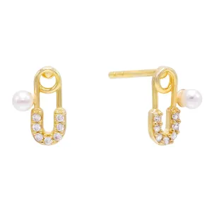 CZ Pearl Safety Pin Stud Earring