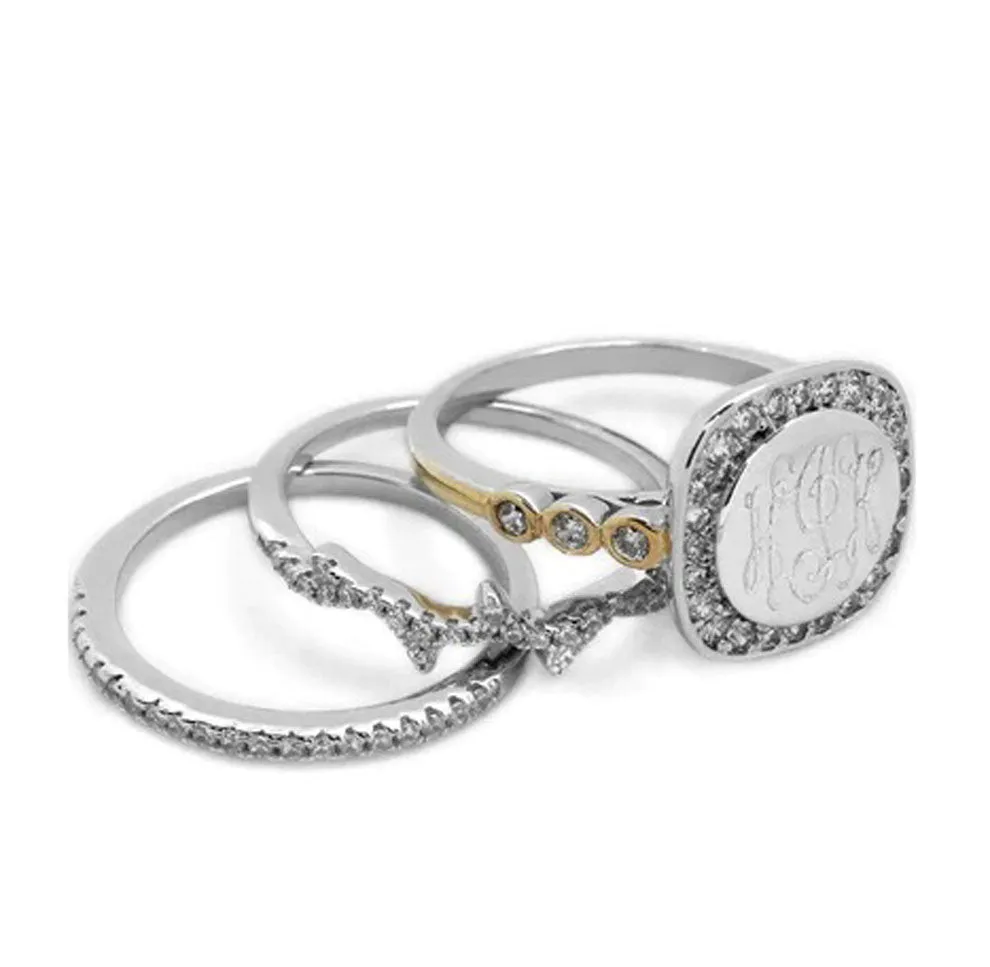 CZ Rimmed Monogram Two Tone Stacking Ring