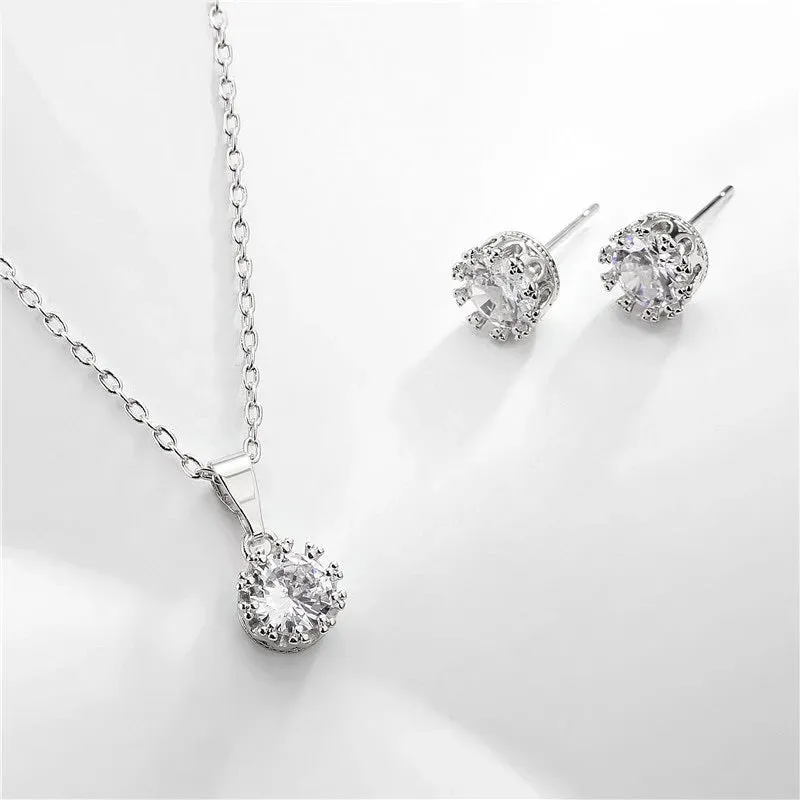CZ Solitaire Diamond Ear Studs for Bride, Wedding Round 6 MM Solitaire Stud Earrings, Bridesmaid Crystal Ear Studs or Necklace