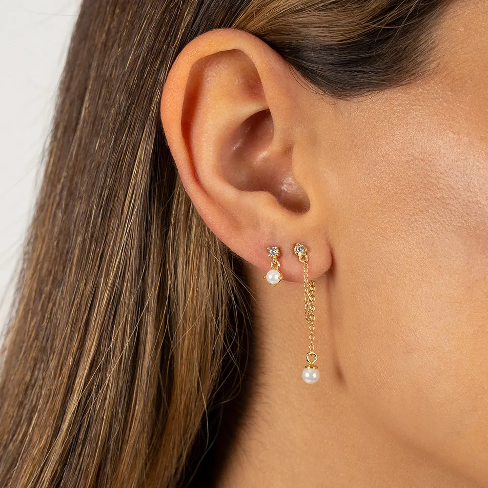 CZ X Pearl Double Chain Front Back Stud Earring